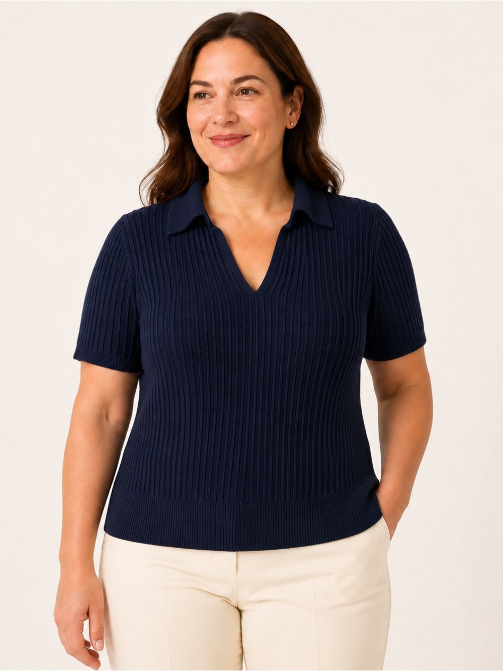 Banana Republic Womens XL Navy Ribbed Cotton Short Sleeve Polo Top Office Casual
